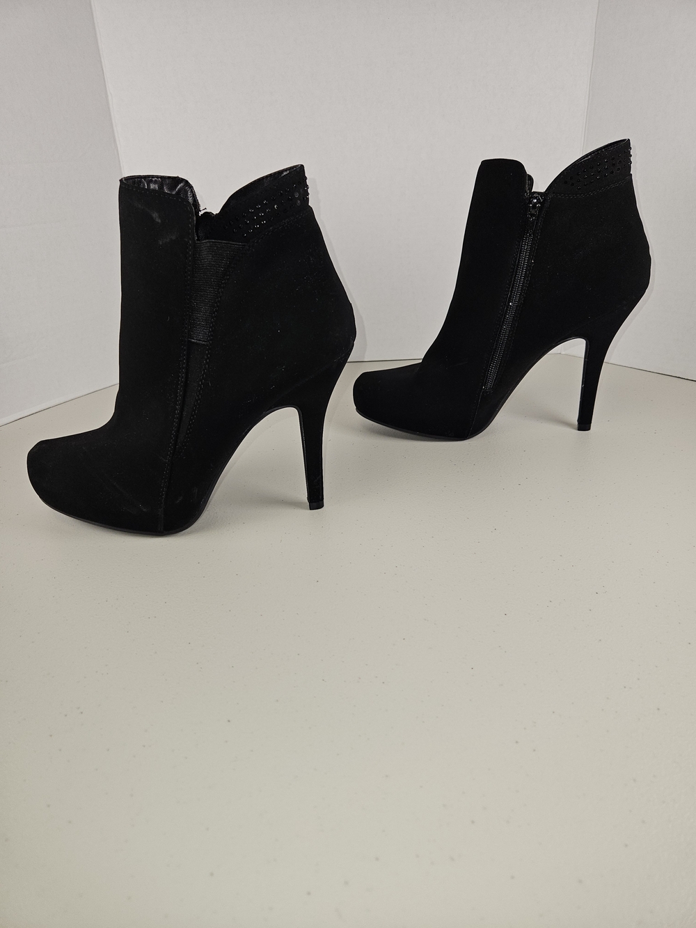 Black Suede High-Heel Ankle Booties with Studded Collar 9 1/2 M - Picture 8 of 16